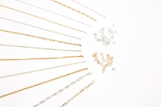 Dainty Chain PJ Starter Kit with 14K gold-filled and sterling silver permanent jewelry chain, connectors, and jump rings