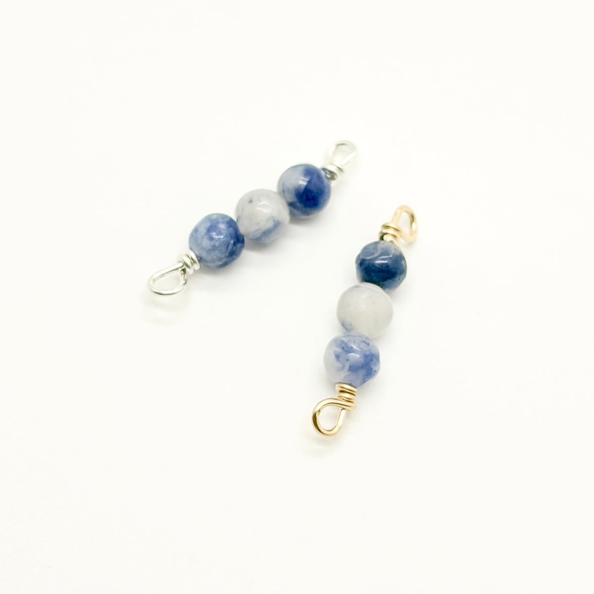 3-stone blue spot stone connector in 14K gold-filled and sterling silver, wholesale permanent jewelry connector