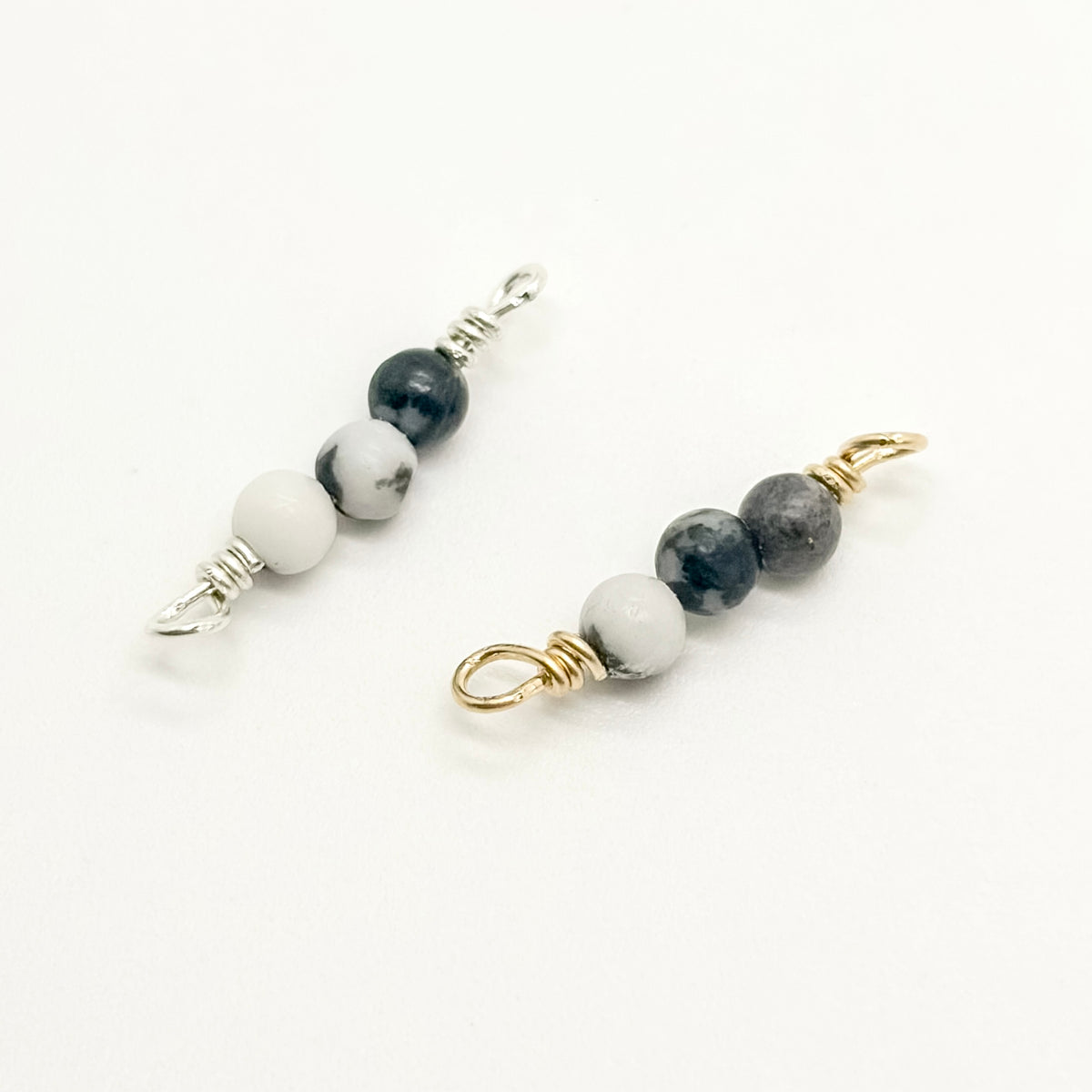 3-stone black and white zebra stone connector in 14K gold-filled and sterling silver, wholesale permanent jewelry connector