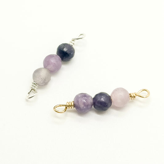 3-stone lilac stone connector in 14K gold-filled and sterling silver, wholesale permanent jewelry connector