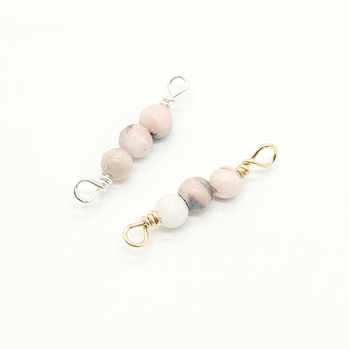 3-stone pink zebra jasper connector in 14K gold-filled and sterling silver, wholesale permanent jewelry connector
