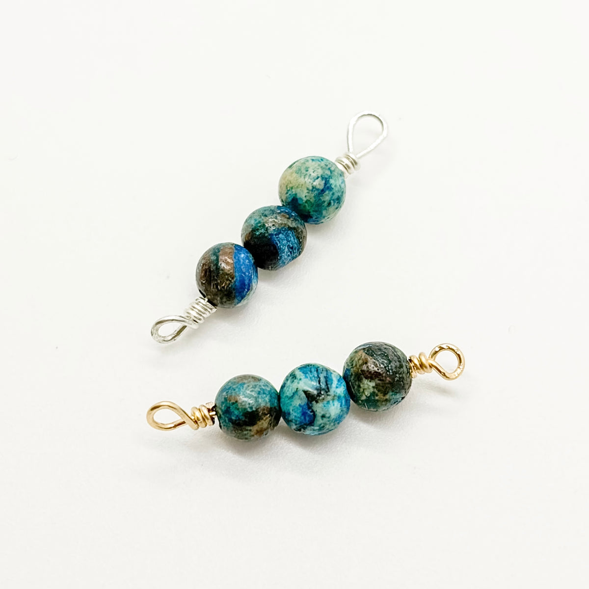 3-stone blue pattern stone connector in 14K gold-filled and sterling silver, wholesale permanent jewelry connector